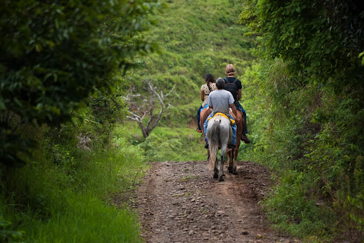 People horseback riding an Ozark trail near Eureka Springs.


